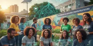 Pessoas diversas voluntariando em projeto comunitário, com elementos digitais ao fundo, representando o Voluntariado 5.0 no Brasil.