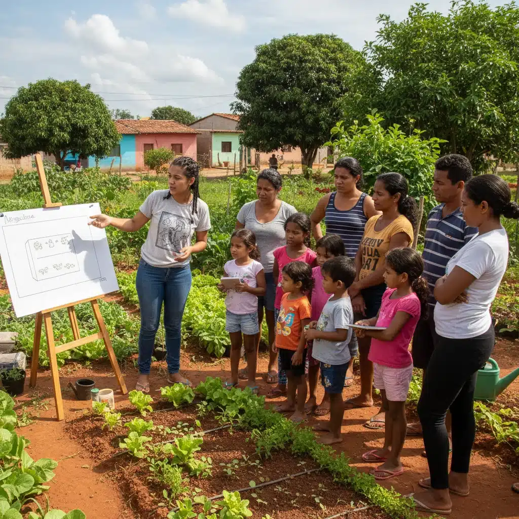 Voluntário ensinando práticas agrícolas sustentáveis a famílias brasileiras, promovendo conhecimento e autonomia alimentar.