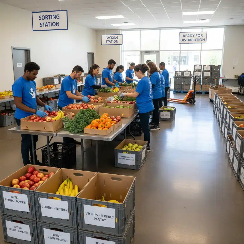 Voluntários organizando alimentos para distribuição em uma iniciativa comunitária.