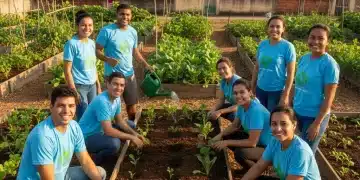 Grupo diversificado de voluntários trabalhando em uma horta comunitária, plantando e cuidando das plantas, com casas brasileiras ao fundo, simbolizando impacto social.